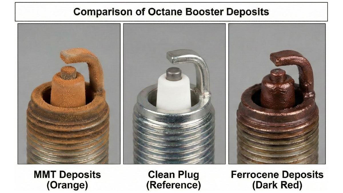 Comparison of MMT orange deposits vs clean spark plug and ferrocene dark red deposits